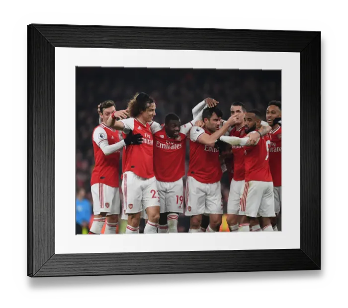 Framed Print : Arsenal Double Over Manchester United: Sokratis, Ozil, Luiz, Maitland-Niles, Aubameyang, Lacazette, and Xhaka Celebrate Glorious Victory (January 2020)