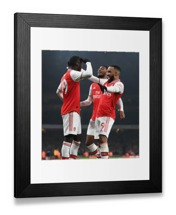 Framed Print : Arsenal's Pepe and Lacazette Celebrate First Goal Against Manchester United (2019-20) Framed Print : Arsenal's Pepe and Lacazette Celebrate First Goal Against Manchester United (2019-20)