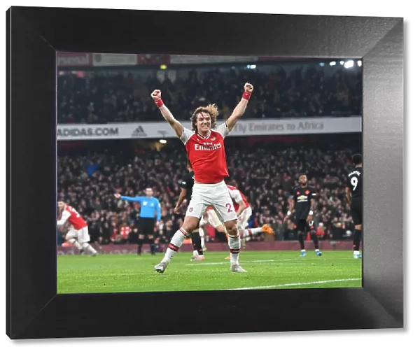 Arsenal's Double Celebration: David Luiz Scores and Cheers Second Goal Against Manchester United (Arsenal v Manchester United, Premier League 2019-20)