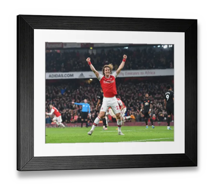Framed Print : Arsenal's Double Celebration: David Luiz Scores and Cheers Second Goal Against Manchester United (Arsenal v Manchester United, Premier League 2019-20)