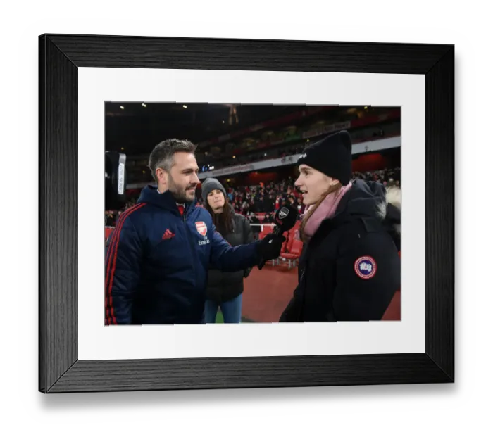Framed Print : Arsenal's Viviane Miedema Holds Half-Time Interview Amidst Intense Arsenal vs Manchester United Clash (Premier League, 2019-20) Framed Print : Arsenal's Viviane Miedema Holds Half-Time Interview Amidst Intense Arsenal vs Manchester United Clash (Premier League, 2019-20)