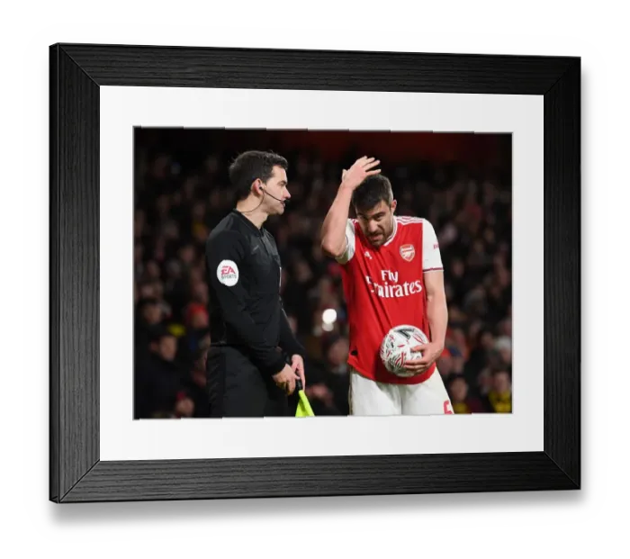 Framed Print : Arsenal vs Leeds United: Sokratis Discusses with the Linesman during FA Cup Clash at Emirates Stadium