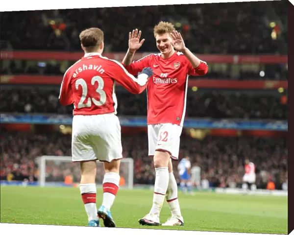 Nicklas Bendtner and Andrey Arshavin celebrate the 4th Arsenal goal, scored by Emmanuel Eboue