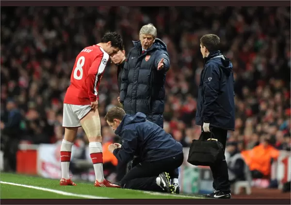 Arsenal manager Arsene Wenger looks on as Samir Nasri is treated by physio Colin Lewin