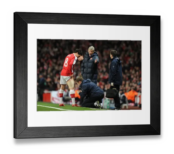 Framed Print : Arsenal manager Arsene Wenger looks on as Samir Nasri is treated by physio Colin Lewin