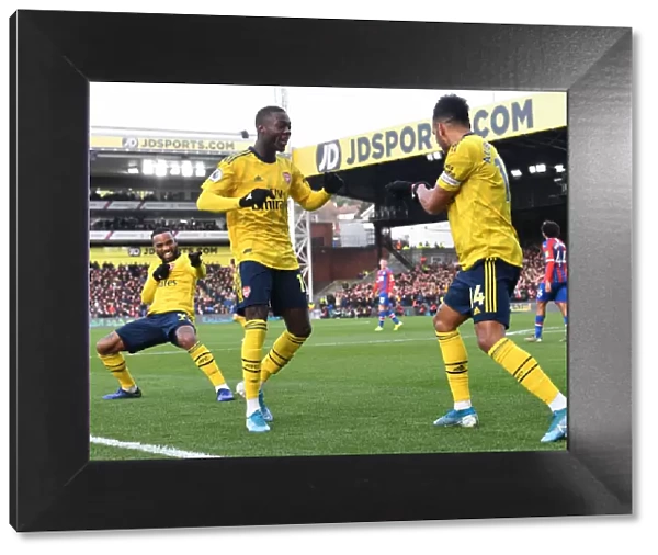 Arsenal's Aubameyang, Pepe, and Lacazette Celebrate Goal Against Crystal Palace (2019-20)