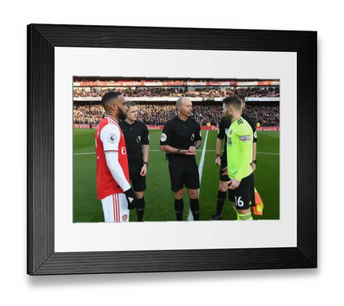 Framed Print : Arsenal Captains Meet Referee: Lacazette and Norwood Before Arsenal vs. Sheffield United (2019-20)
