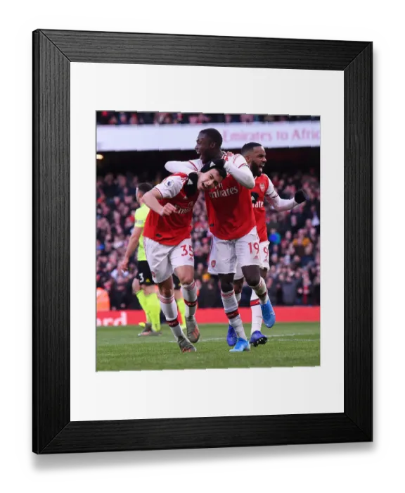 Framed Print : Arsenal's Martinelli, Lacazette, and Pepe Celebrate Goal Against Sheffield United (2019-20) Framed Print : Arsenal's Martinelli, Lacazette, and Pepe Celebrate Goal Against Sheffield United (2019-20)