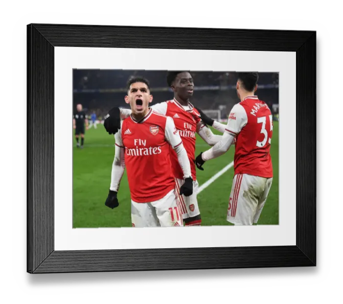 Framed Print : Torreira and Bellerin Celebrate Arsenal's Winning Goal Against Chelsea (2019-20) Framed Print : Torreira and Bellerin Celebrate Arsenal's Winning Goal Against Chelsea (2019-20)