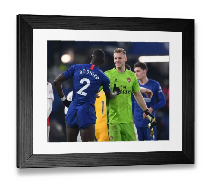 Framed Print : Leno and Rudiger Share a Moment After Intense Chelsea vs. Arsenal Premier League Clash