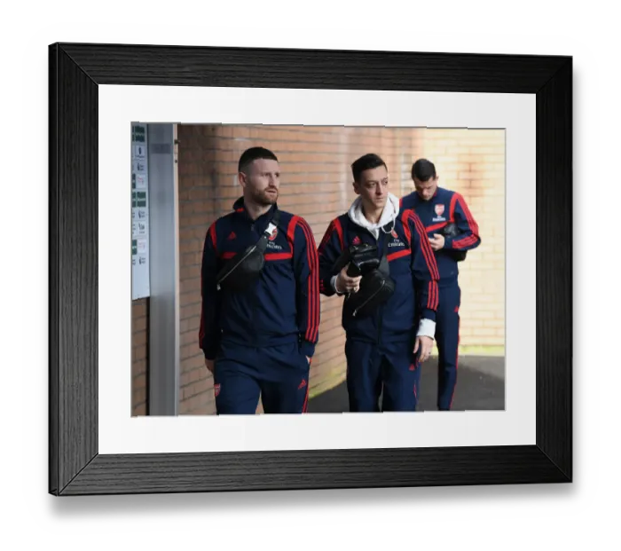 Framed Print : Arsenal FC: Mustafi and Ozil Pre-Match Huddle vs Burnley FC, Premier League 2019-2020