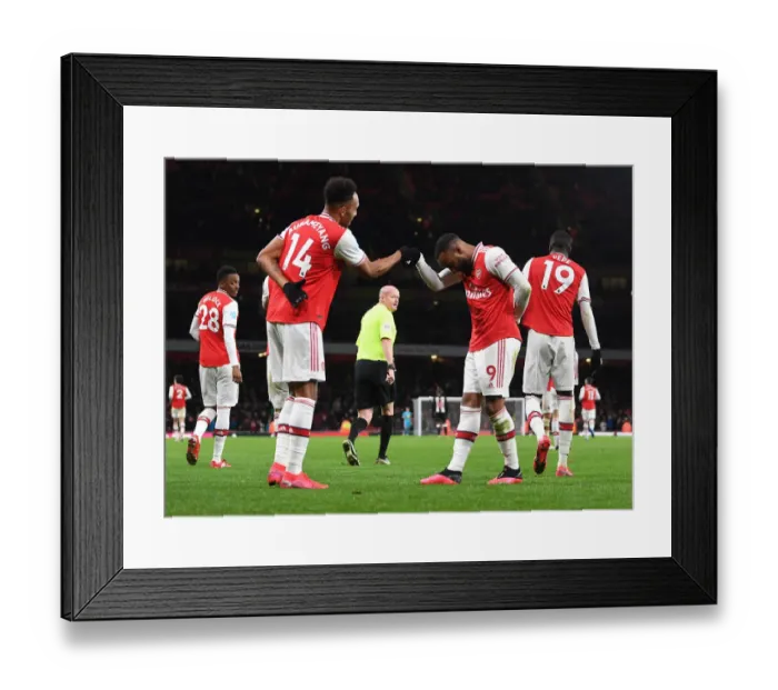 Framed Print : Arsenal's Lacazette and Aubameyang Celebrate Goals Against Newcastle United (2019-20) Framed Print : Arsenal's Lacazette and Aubameyang Celebrate Goals Against Newcastle United (2019-20)