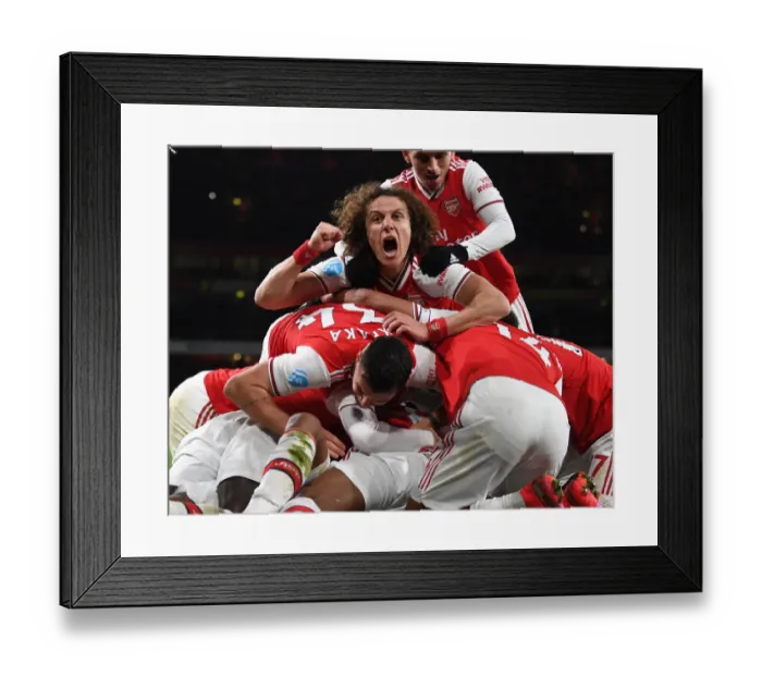 Framed Print : Arsenal's Four-Goal Blitz: David Luiz and Lacazette's Euphoric Celebrations vs. Newcastle United (Premier League 2019-20) Framed Print : Arsenal's Four-Goal Blitz: David Luiz and Lacazette's Euphoric Celebrations vs. Newcastle United (Premier League 2019-20)