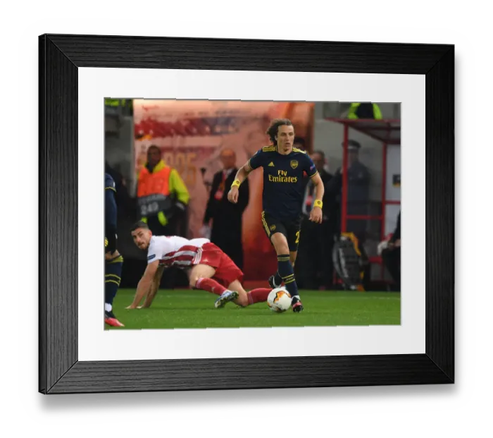 Framed Print : Arsenal's David Luiz Battles Past Olympiacos Guilherme in Europa League Clash