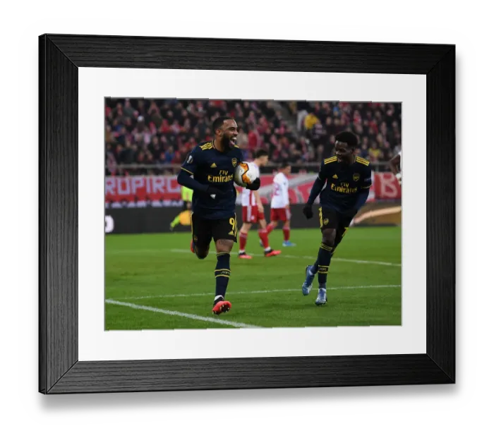 Framed Print : Alexandre Lacazette and Bukayo Saka Celebrate Arsenal's Goal vs Olympiacos in Europa League Framed Print : Alexandre Lacazette and Bukayo Saka Celebrate Arsenal's Goal vs Olympiacos in Europa League