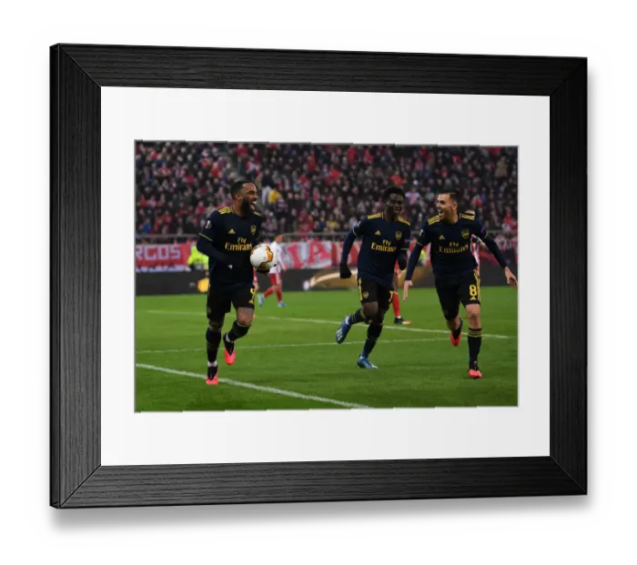 Framed Print : Arsenal's Europa League Triumph: Lacazette's Thrilling Goal Celebration with Ceballos and Saka