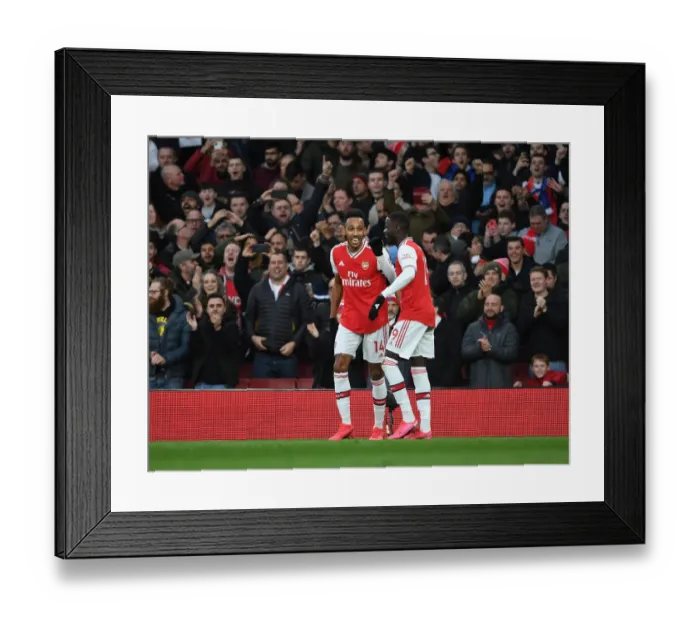 Framed Print : Arsenal's Aubameyang and Pepe Celebrate Goals Against Everton in Premier League Showdown (2020)