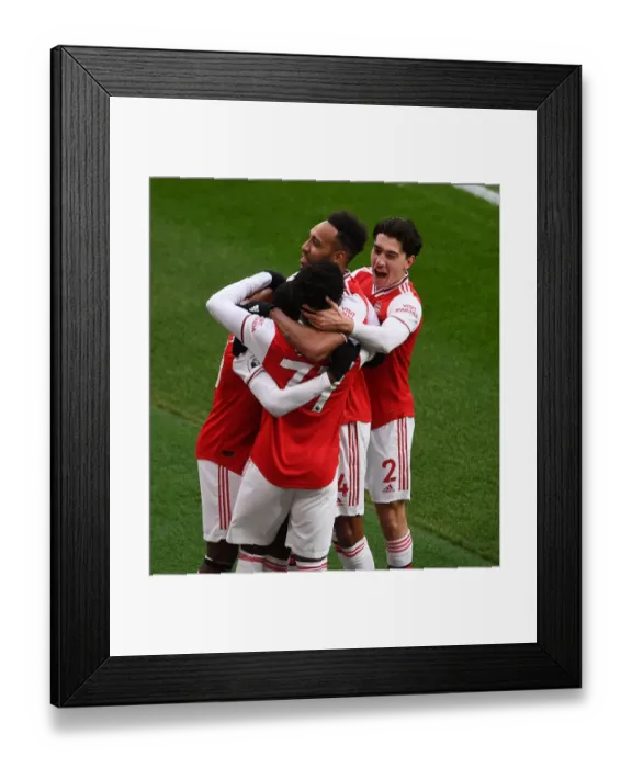 Framed Print : Arsenal's Eddie Nketiah, Aubameyang, and Bellerin Celebrate First Goal Against Everton in 2019-20 Premier League