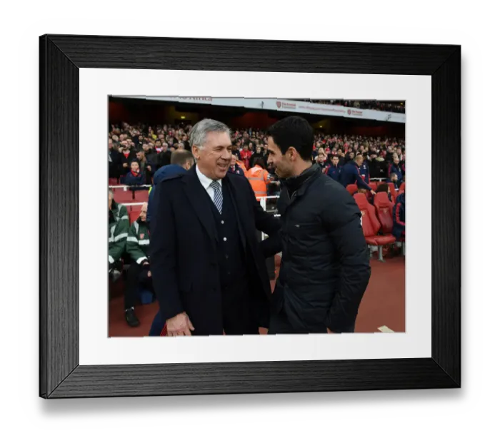 Framed Print : Mikel Arteta and Carlo Ancelotti's Pre-Match Greeting: Arsenal vs. Everton in the Premier League (2019-20)