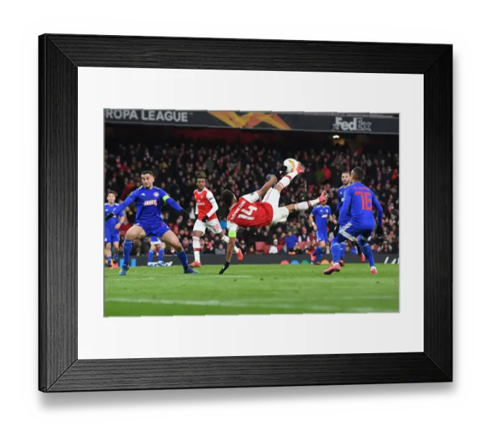 Framed Print : Arsenal's Aubameyang Scores Decisive Goal vs. Olympiacos in Europa League Framed Print : Arsenal's Aubameyang Scores Decisive Goal vs. Olympiacos in Europa League