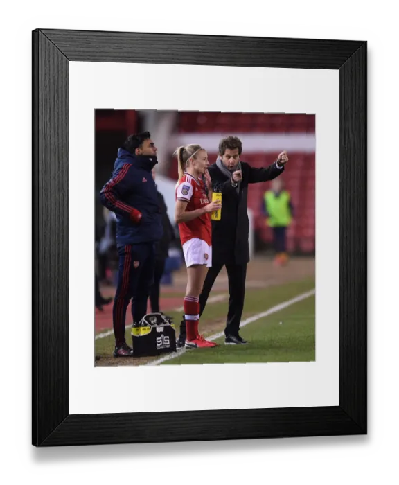 Framed Print : Arsenal Women vs Chelsea Women: FA Womens Continental League Cup Final - Manager Joe Montemurro Gives Instructions to Leah Williamson