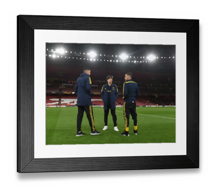 Framed Print : Arsenal FC: Hector Bellerin, Dani Ceballos, and Pablo Mari Pre-Match Huddle vs Olympiacos FC - UEFA Europa League 2020