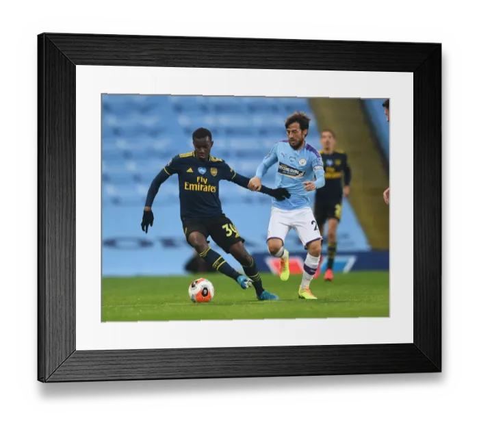 Framed Print : Clash of Titans: Nketiah vs. Silva - Manchester City vs. Arsenal, Premier League 2019-2020: A Battle of Skills and Determination