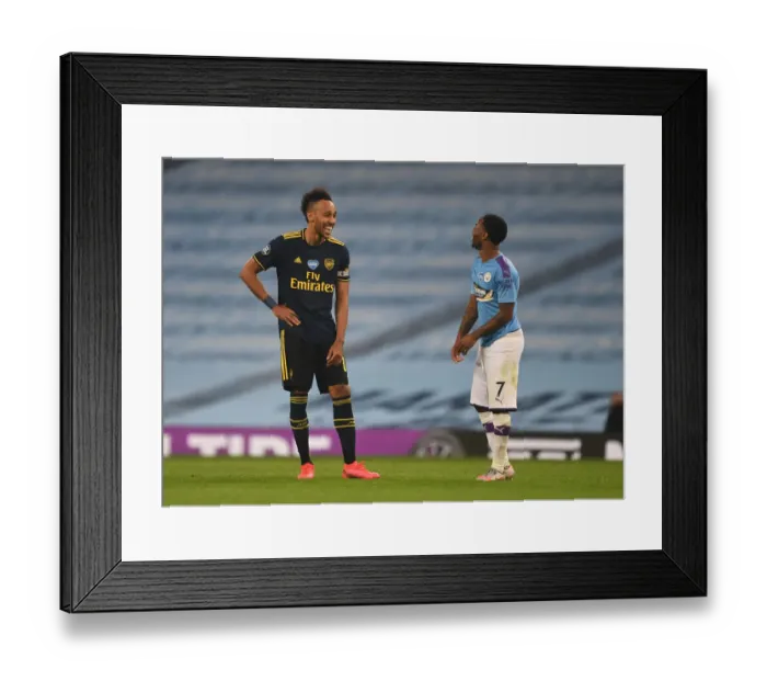 Framed Print : Manchester Derby: Aubameyang and Sterling Share a Moment Amidst Premier League Battle (Manchester City vs Arsenal, 2019-20) Framed Print : Manchester Derby: Aubameyang and Sterling Share a Moment Amidst Premier League Battle (Manchester City vs Arsenal, 2019-20)