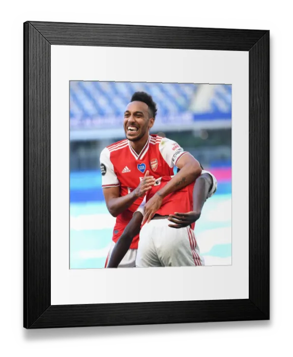 Framed Print : Pepe and Aubameyang Celebrate Goal: Brighton & Hove Albion vs. Arsenal FC, Premier League 2019-2020