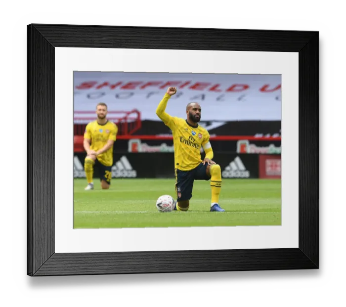 Framed Print : Alexandre Lacazette Kneels Before FA Cup Quarterfinal: Sheffield United vs. Arsenal