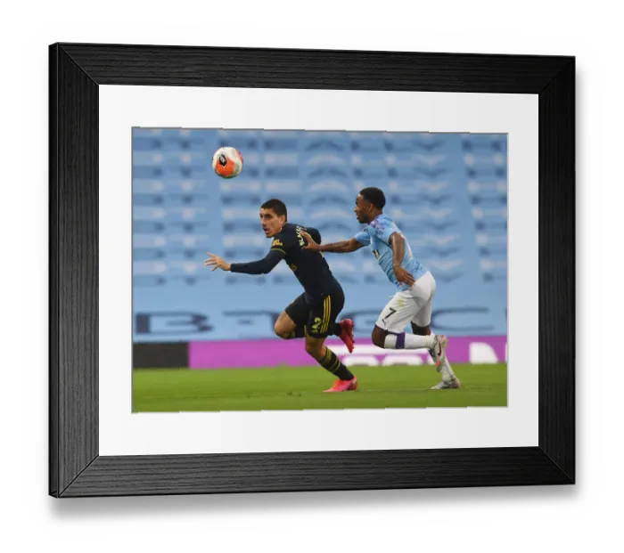 Framed Print : Manchester Rivalry: Bellerin vs Sterling - Premier League Showdown (2019-20) Framed Print : Manchester Rivalry: Bellerin vs Sterling - Premier League Showdown (2019-20)