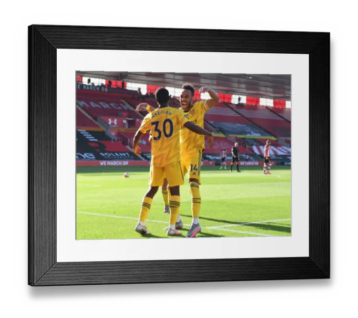 Framed Print : Arsenal's Nketiah and Aubameyang Celebrate Goal Against Southampton (2019-20)