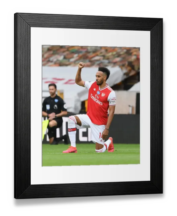 Framed Print : Pierre-Emerick Aubameyang Kneels: Wolverhampton Wanderers vs. Arsenal FC, Premier League 2019-2020