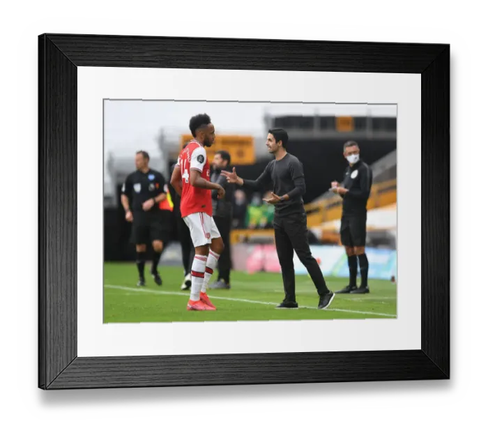 Framed Print : Mikel Arteta Coaches Aubameyang: Wolverhampton Wanderers vs Arsenal FC, Premier League 2019-2020