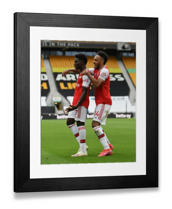 Framed Print : Saka and Aubameyang Celebrate Goal: Wolverhampton Wanderers vs. Arsenal FC, Premier League 2019-2020