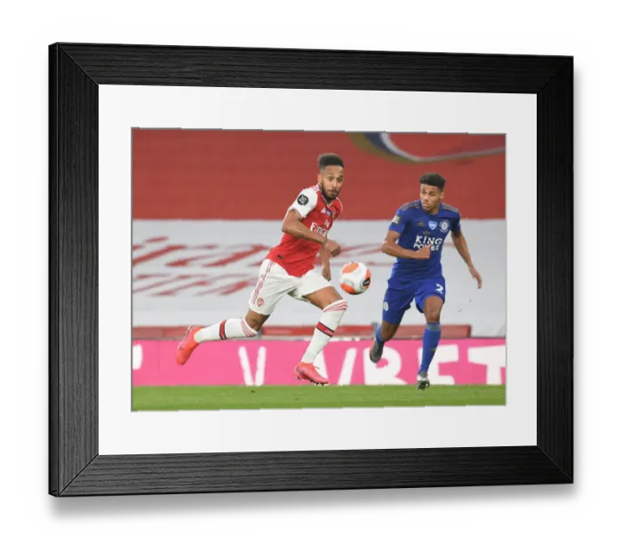 Framed Print : Arsenal's Aubameyang Goes Head-to-Head with Leicester City in Premier League Clash