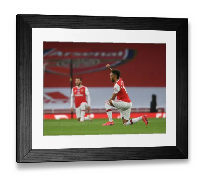 Framed Print : Arsenal's Aubameyang Takes a Knee During Arsenal v Leicester City Premier League Match (2019-20)