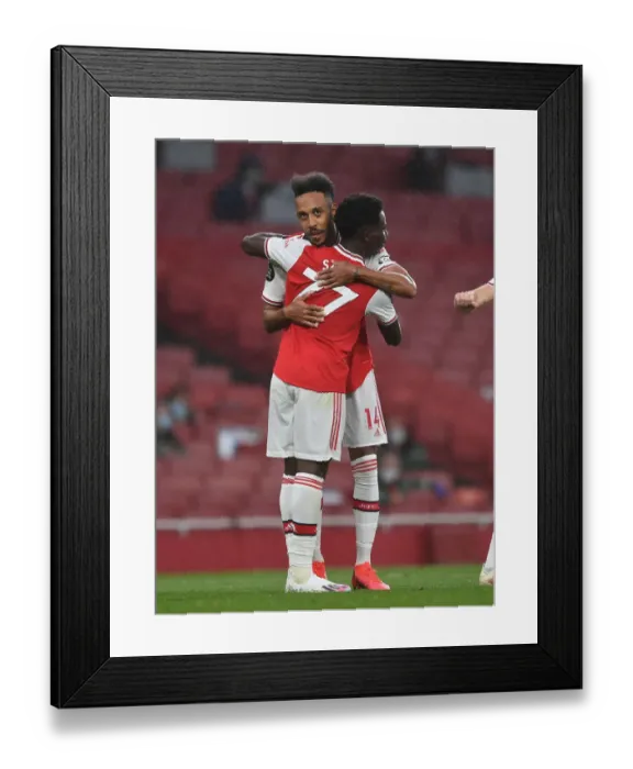 Framed Print : Arsenal's Aubameyang and Saka Celebrate Goal Against Leicester City (2019-20)