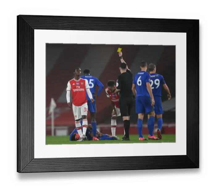 Framed Print : Arsenal's Eddie Nketiah Receives Yellow Card vs Leicester City (2019-20) Framed Print : Arsenal's Eddie Nketiah Receives Yellow Card vs Leicester City (2019-20)