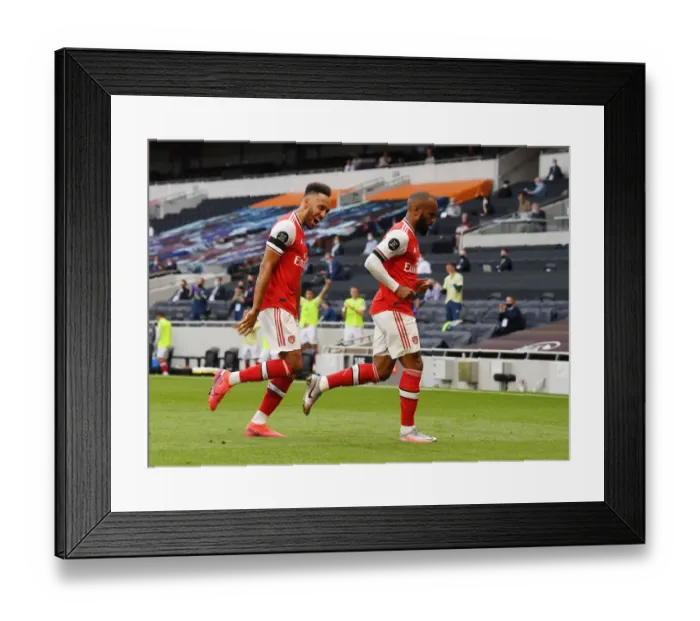Framed Print : Alexis Lacazette and Pierre-Emerick Aubameyang Celebrate Goals: Tottenham vs. Arsenal, Premier League 2019-2020