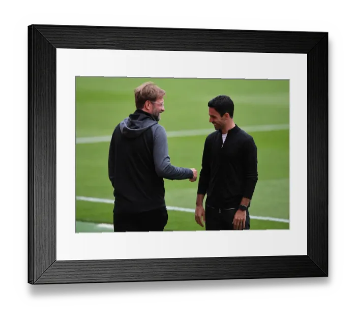 Framed Print : Empty Arsenal Stadium: Mikel Arteta and Jurgen Klopp Greet Ahead of Arsenal vs. Liverpool (Premier League, 2019-2020)