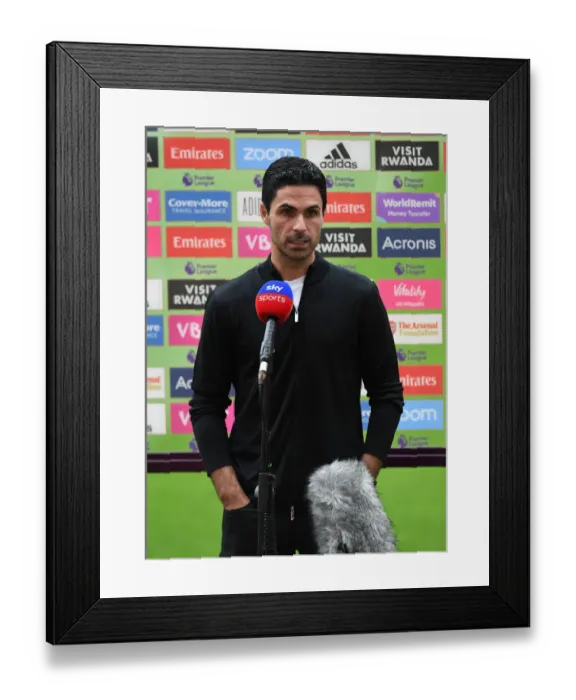 Framed Print : Arsenal's Mikel Arteta: Empty Emirates Stadium Interview Amidst Coronavirus Pandemic (Arsenal v Liverpool, 2019-2020)