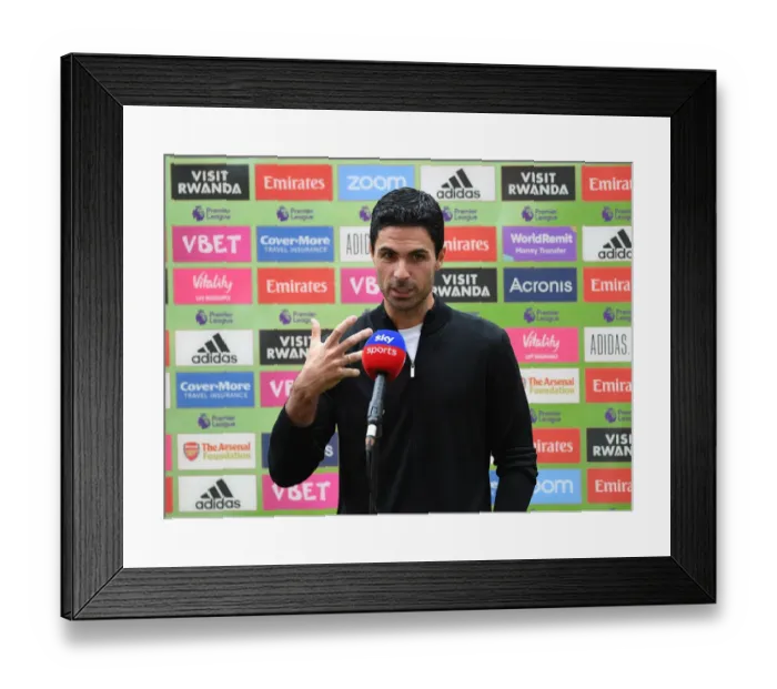 Framed Print : Arsenal's Mikel Arteta Pre-Match Interview: Empty Emirates Stadium, Arsenal v Liverpool, Premier League 2019-2020