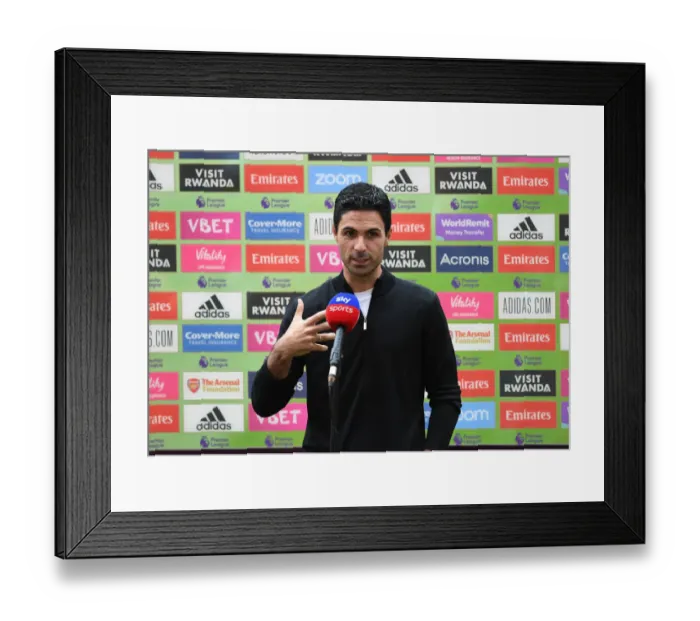 Framed Print : Arsenal's Mikel Arteta: Empty Emirates Interview Amidst Coronavirus-Hit Premier League (Arsenal v Liverpool, 2019-2020)