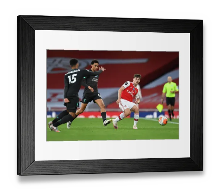 Framed Print : Empty Stadium Showdown: Kieran Tierney vs. Trent Alexander-Arnold - Arsenal vs. Liverpool (2019-20) - A Battle of Wits in an Empty Emirates