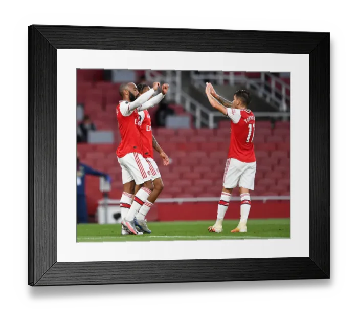 Framed Print : Alexandre Lacazette Scores First Goal in Empty Emirates Stadium: Arsenal vs. Liverpool, Premier League 2019-2020