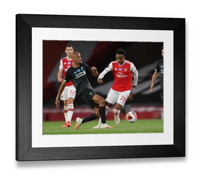 Framed Print : Empty Stadium Showdown: Willock vs. Fabinho - Arsenal vs. Liverpool, Premier League 2019-2020