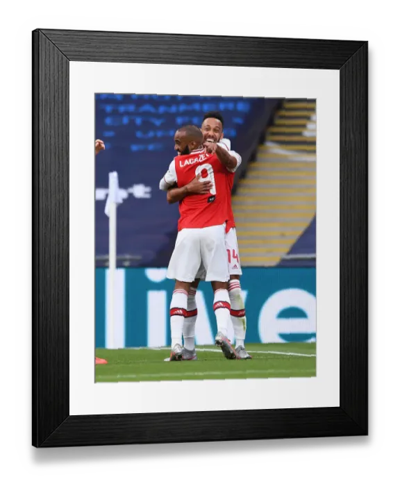 Framed Print : Arsenal's Aubameyang and Lacazette Celebrate Goal in FA Cup Semi-Final Against Manchester City Framed Print : Arsenal's Aubameyang and Lacazette Celebrate Goal in FA Cup Semi-Final Against Manchester City