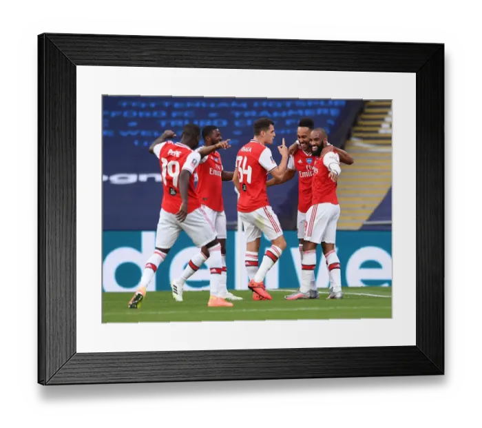 Framed Print : Arsenal's Aubameyang and Lacazette Celebrate Goal in FA Cup Semi-Final Victory over Manchester City