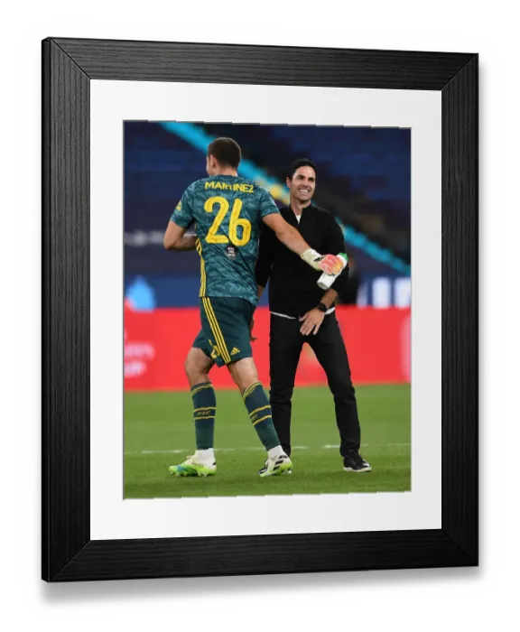 Framed Print : Arsenal's Mikel Arteta Celebrates FA Cup Semi-Final Victory with Emi Martinez